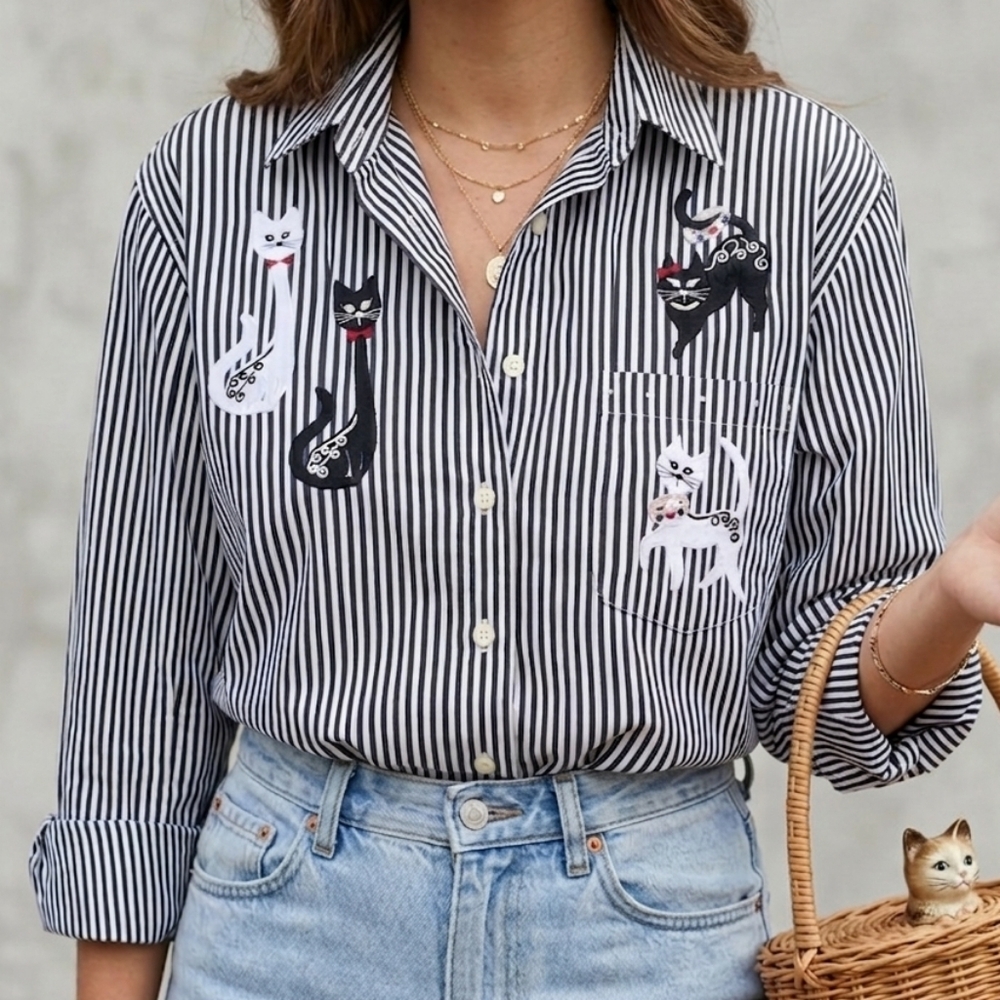 ​✨ VTG Get Lucky USA Long Sleeve Striped Shirt L • Grandmacore Feline & Mice
